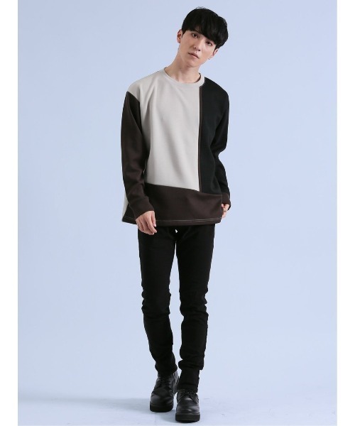 semantic design(セマンティックデザイン)の「【ストレッチ】セマンティックデザイン ダンボール 配色切替 長袖プルオーバー(Tシャツ/カットソー・メンズ・ライトグレー/グリーン/チョコ・MEDIUM/LARGE)」の13枚目の写真