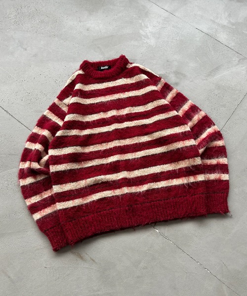 kutir(クティール)の「ボーダーシャギーニット(ニット/セーター・メンズ・ボルドー/ブラック・MEDIUM/LARGE)」の2枚目の写真