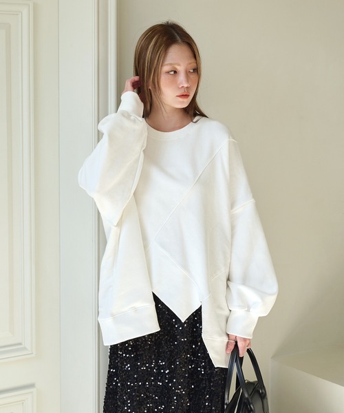 UNE MANSION（ユヌマンション）の「【マタニティウェア可能】カッティングアンバランスオーバーサイズトレーナー（スウェット・レディース・ブラック/グリーン/アイボリー・FREE）」の9枚目の写真