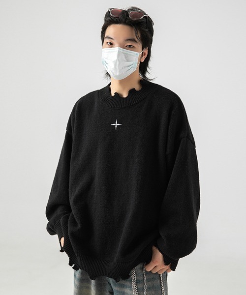 Ressaca(レサーカ)の「不規則ダメージ加工 ワンポイント刺繍クルーネックニットセーター(ニット/セーター・メンズ・オフホワイト/ブラック・L/M/XL)」の17枚目の写真