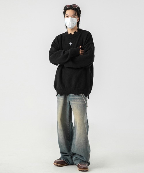 Ressaca(レサーカ)の「不規則ダメージ加工 ワンポイント刺繍クルーネックニットセーター(ニット/セーター・メンズ・オフホワイト/ブラック・L/M/XL)」の21枚目の写真