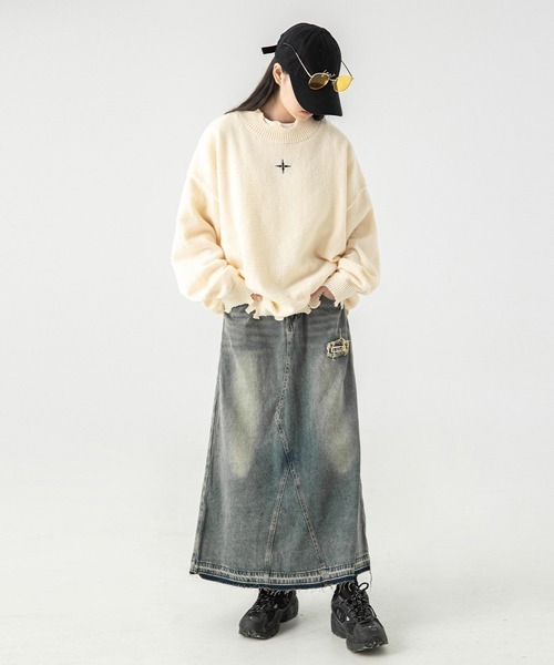 Ressaca(レサーカ)の「不規則ダメージ加工 ワンポイント刺繍クルーネックニットセーター(ニット/セーター・メンズ・オフホワイト/ブラック・L/M/XL)」の13枚目の写真