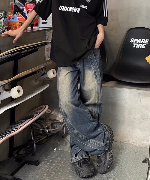 Ressaca(レサーカ)の「切替デザイン ビンテージライク ワイドストレートデニムイージーパンツ(デニムパンツ・メンズ・ブラック/ブルー・XL/L/M/S)」の16枚目の写真