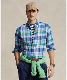 美品⭐️Ralph Lauren ラルフローレン　 リネンシャツ　ブルー　チェック ラルフローレン リネン100％ グレンチェック長袖シャツ ブルー
