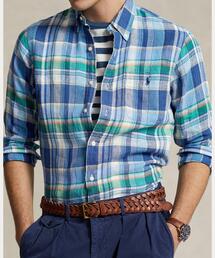美品⭐️Ralph Lauren ラルフローレン　 リネンシャツ　ブルー　チェック ラルフローレン リネン100％ グレンチェック長袖シャツ ブルー