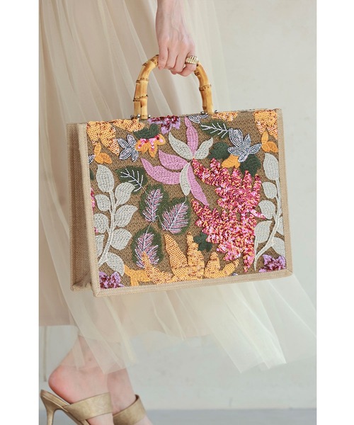 スパンコールの花煌めくスクエアトートバッグ