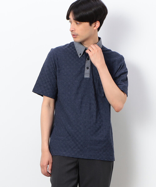 COMME CA ISM（コムサイズム）の「【吸水速乾】市松ジャカードコンビポロシャツ（ポロシャツ・メンズ・ブラック/ブルー/ネイビー/ホワイト・MEDIUM/LARGE/X-LARGE）」の4枚目の写真