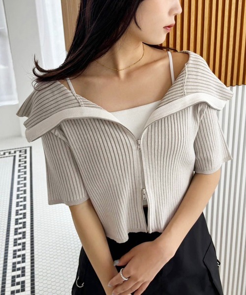 one after another NICE CLAUP（ワンアフターアナザーナイスクラップ）の「ダブルジップラインニット（ニット/セーター・レディース・グレー/ブラック/ベージュ/アイボリー/レッド/ピンク/グレイッシュベージュ・FREE）」の5枚目の写真