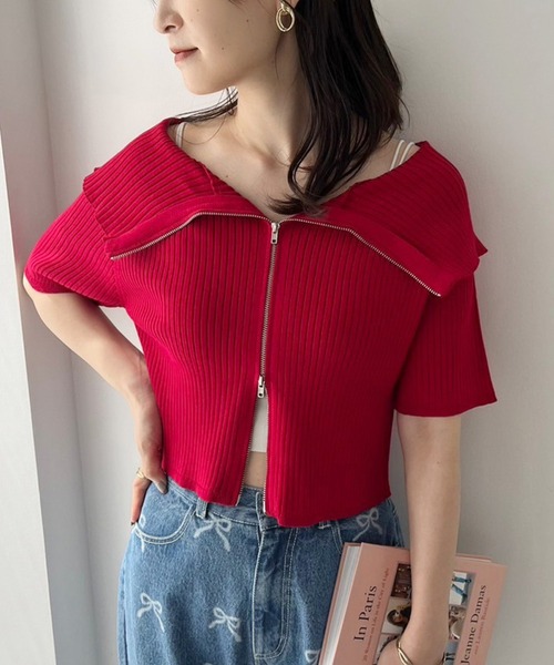 one after another NICE CLAUP（ワンアフターアナザーナイスクラップ）の「ダブルジップラインニット（ニット/セーター・レディース・グレー/ブラック/ベージュ/アイボリー/レッド/ピンク/グレイッシュベージュ・FREE）」の7枚目の写真