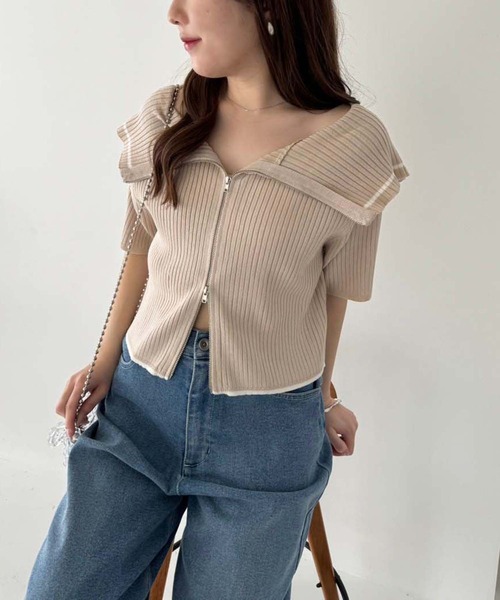 one after another NICE CLAUP（ワンアフターアナザーナイスクラップ）の「ダブルジップラインニット（ニット/セーター・レディース・グレー/ブラック/ベージュ/アイボリー/レッド/ピンク/グレイッシュベージュ・FREE）」の20枚目の写真