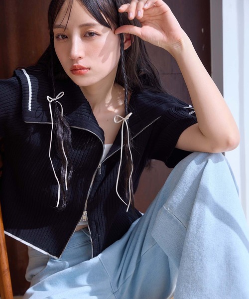 one after another NICE CLAUP（ワンアフターアナザーナイスクラップ）の「ダブルジップラインニット（ニット/セーター・レディース・グレー/ブラック/ベージュ/アイボリー/レッド/ピンク/グレイッシュベージュ・FREE）」の9枚目の写真