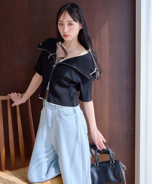 one after another NICE CLAUP（ワンアフターアナザーナイスクラップ）の「ダブルジップラインニット（ニット/セーター・レディース・グレー/ブラック/ベージュ/アイボリー/レッド/ピンク/グレイッシュベージュ・FREE）」の8枚目の写真