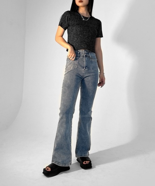 LVEU.(ラブユ.)の「【LVEU.】クルーネックラメニットトップス / トップス カットソー リブ ラメ クロップド コンパクト ショート 半袖 クルーネック ブラック ブルー(Tシャツ/カットソー・レディース・ブルー/ブラック・FREE)」の5枚目の写真