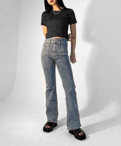 LVEU.(ラブユ.)の「【LVEU.】クルーネックラメニットトップス / トップス カットソー リブ ラメ クロップド コンパクト ショート 半袖 クルーネック ブラック ブルー(Tシャツ/カットソー・レディース・ブルー/ブラック・FREE)」の8枚目の写真