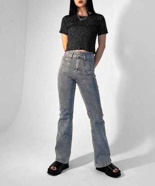 LVEU.(ラブユ.)の「【LVEU.】クルーネックラメニットトップス / トップス カットソー リブ ラメ クロップド コンパクト ショート 半袖 クルーネック ブラック ブルー(Tシャツ/カットソー・レディース・ブルー/ブラック・FREE)」の20枚目の写真