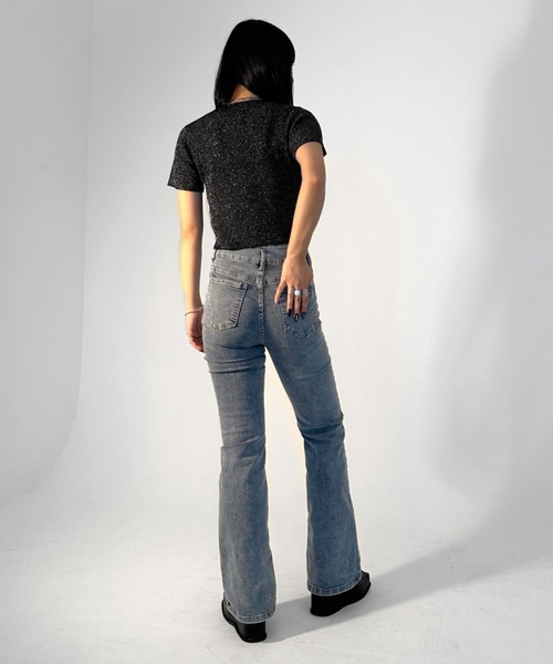 LVEU.(ラブユ.)の「【LVEU.】クルーネックラメニットトップス / トップス カットソー リブ ラメ クロップド コンパクト ショート 半袖 クルーネック ブラック ブルー(Tシャツ/カットソー・レディース・ブルー/ブラック・FREE)」の7枚目の写真