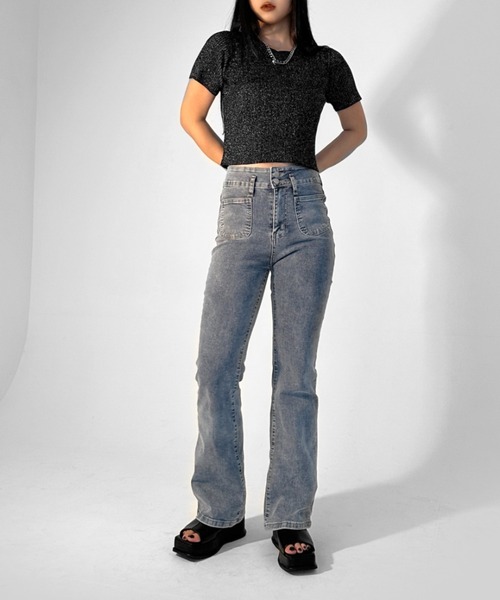 LVEU.(ラブユ.)の「【LVEU.】クルーネックラメニットトップス / トップス カットソー リブ ラメ クロップド コンパクト ショート 半袖 クルーネック ブラック ブルー(Tシャツ/カットソー・レディース・ブルー/ブラック・FREE)」の22枚目の写真