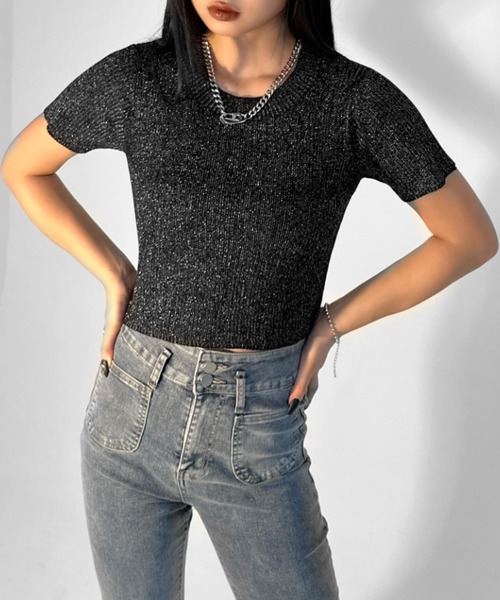 LVEU.(ラブユ.)の「【LVEU.】クルーネックラメニットトップス / トップス カットソー リブ ラメ クロップド コンパクト ショート 半袖 クルーネック ブラック ブルー(Tシャツ/カットソー・レディース・ブルー/ブラック・FREE)」の9枚目の写真