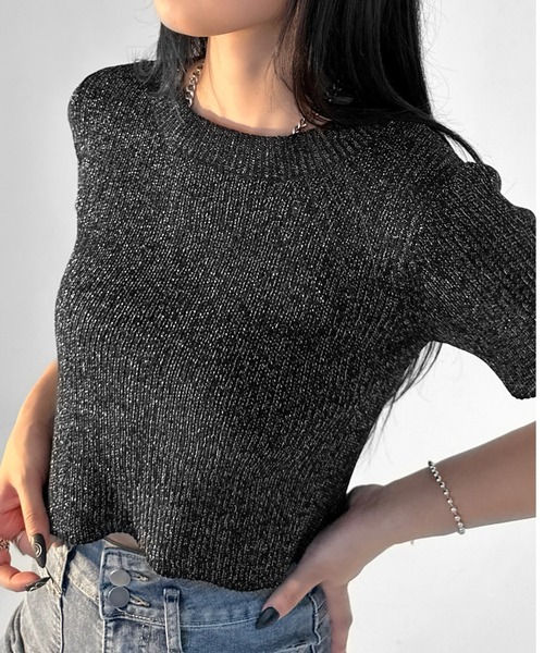 LVEU.(ラブユ.)の「【LVEU.】クルーネックラメニットトップス / トップス カットソー リブ ラメ クロップド コンパクト ショート 半袖 クルーネック ブラック ブルー(Tシャツ/カットソー・レディース・ブルー/ブラック・FREE)」の10枚目の写真