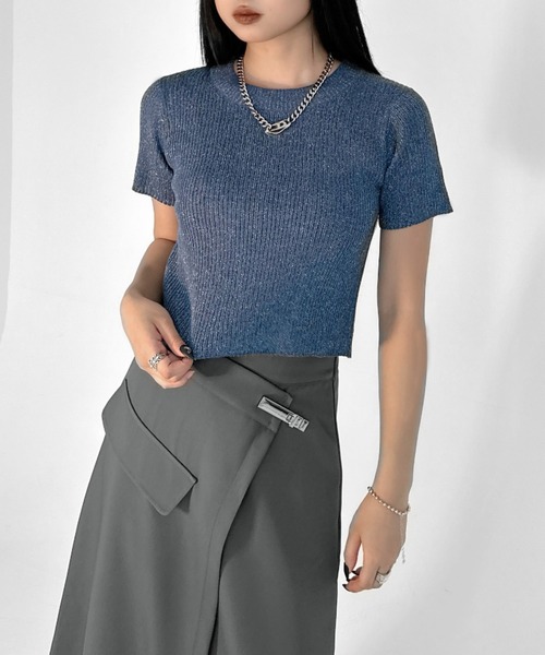 LVEU.(ラブユ.)の「【LVEU.】クルーネックラメニットトップス / トップス カットソー リブ ラメ クロップド コンパクト ショート 半袖 クルーネック ブラック ブルー(Tシャツ/カットソー・レディース・ブルー/ブラック・FREE)」の14枚目の写真