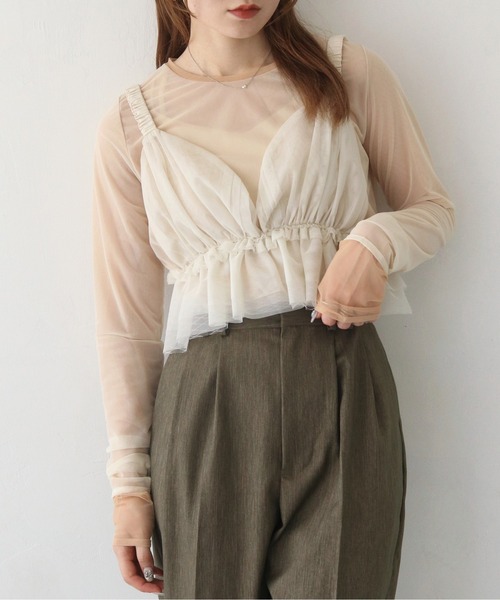 CLEIO(クレイオ)の「【CLEIO】バイカラーレイヤードシアートップス/シースルートップス/BICOLOR LAYERED SHEER TOPS/980-12615(Tシャツ/カットソー・レディース・アイボリー/ブラック/サックスブルー・FREE)」の4枚目の写真