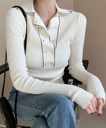 ECLIN（エクラン）の「配色ラインポロ衿リブニットプルオーバー（ニット/セーター）」