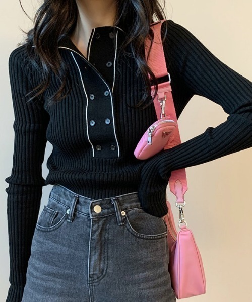 ECLIN（エクラン）の「配色ラインポロ衿リブニットプルオーバー（ニット/セーター・レディース・ホワイト/ブラック・FREE）」の2枚目の写真