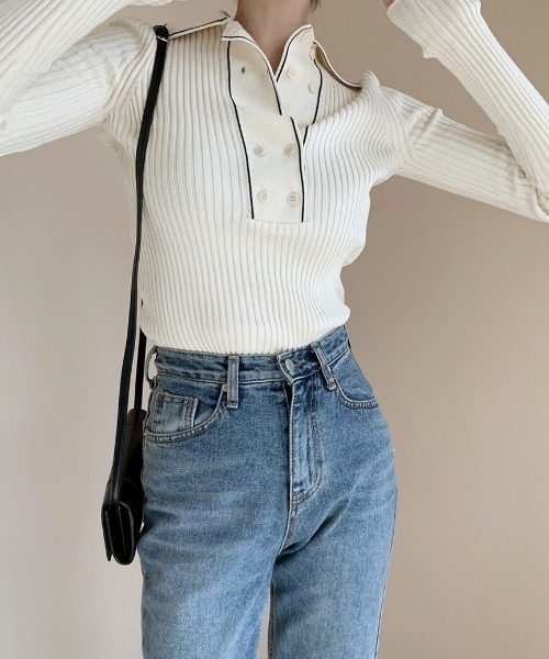 ECLIN（エクラン）の「配色ラインポロ衿リブニットプルオーバー（ニット/セーター・レディース・ホワイト/ブラック・FREE）」の7枚目の写真