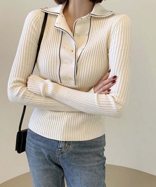 ECLIN（エクラン）の「配色ラインポロ衿リブニットプルオーバー（ニット/セーター・レディース・ホワイト/ブラック・FREE）」の3枚目の写真