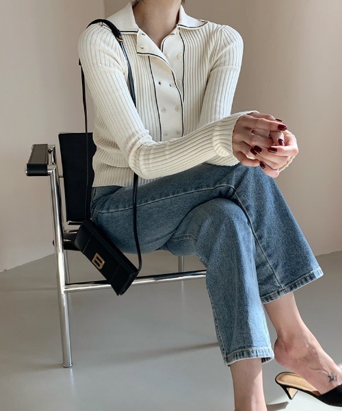 ECLIN（エクラン）の「配色ラインポロ衿リブニットプルオーバー（ニット/セーター・レディース・ホワイト/ブラック・FREE）」の18枚目の写真