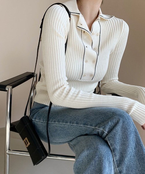 ECLIN（エクラン）の「配色ラインポロ衿リブニットプルオーバー（ニット/セーター・レディース・ホワイト/ブラック・FREE）」の17枚目の写真