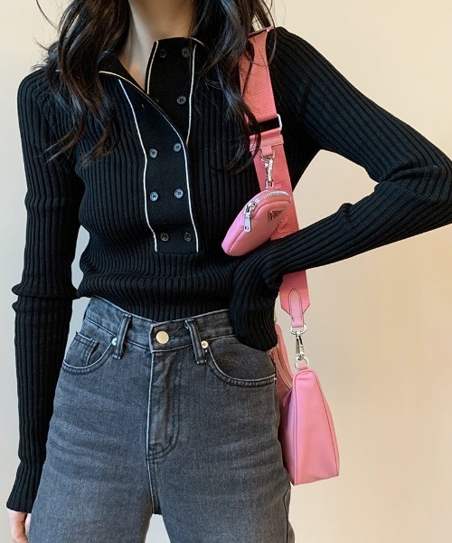 ECLIN（エクラン）の「配色ラインポロ衿リブニットプルオーバー（ニット/セーター・レディース・ホワイト/ブラック・FREE）」の16枚目の写真