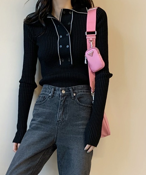 ECLIN（エクラン）の「配色ラインポロ衿リブニットプルオーバー（ニット/セーター・レディース・ホワイト/ブラック・FREE）」の10枚目の写真