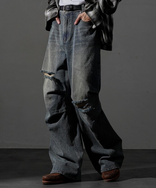 PUBLUX(パブリュクス)の「PUBLUX/パブリュクス Damaged Straight Crash Denim/ダメージデニムパンツ(限定展開)(デニムパンツ・メンズ・ブラック/ブルー・SMALL/MEDIUM/LARGE)」の3枚目の写真
