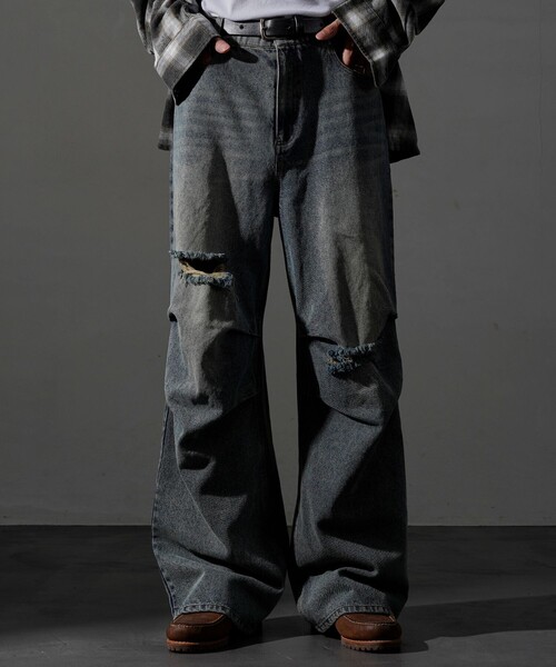 PUBLUX(パブリュクス)の「PUBLUX/パブリュクス Damaged Straight Crash Denim/ダメージデニムパンツ(限定展開)(デニムパンツ・メンズ・ブラック/ブルー・SMALL/MEDIUM/LARGE)」の5枚目の写真