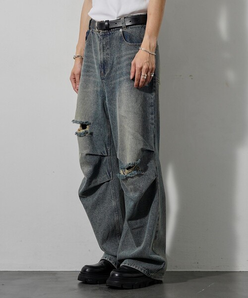 PUBLUX(パブリュクス)の「PUBLUX/パブリュクス Damaged Straight Crash Denim/ダメージデニムパンツ(限定展開)(デニムパンツ・メンズ・ブラック/ブルー・SMALL/MEDIUM/LARGE)」の7枚目の写真