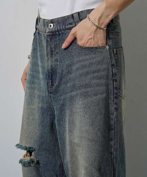 PUBLUX(パブリュクス)の「PUBLUX/パブリュクス Damaged Straight Crash Denim/ダメージデニムパンツ(限定展開)(デニムパンツ・メンズ・ブラック/ブルー・SMALL/MEDIUM/LARGE)」の11枚目の写真