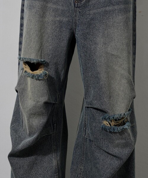 PUBLUX(パブリュクス)の「PUBLUX/パブリュクス Damaged Straight Crash Denim/ダメージデニムパンツ(限定展開)(デニムパンツ・メンズ・ブラック/ブルー・SMALL/MEDIUM/LARGE)」の13枚目の写真