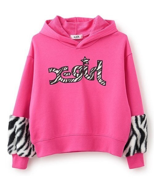 X-girl Stages（エックスガールステージス）の「アニマルロゴ袖ファーパーカー（パーカー・キッズ・ブラック/ピンク/アイボリー・80ｃｍ/90cm/100cm/110cm/120cm/130cm/140cm）」の3枚目の写真