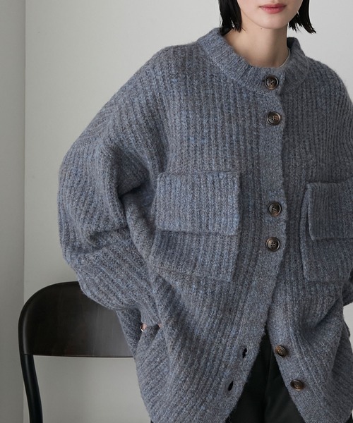 forksy.】ビックポケットローゲージメランジニットコーディガン forksy