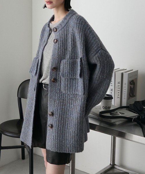 forksy.】ビックポケットローゲージメランジニットコーディガン forksy