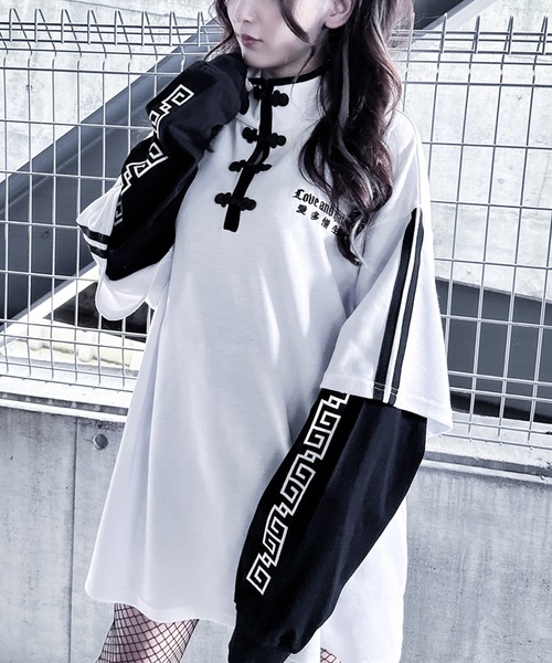 フェイクレイヤード チャイナ デザイン トップス（Tシャツ