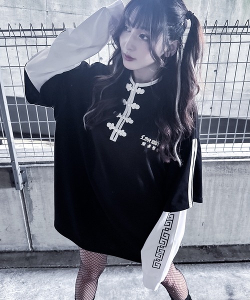 フェイクツーピース トップス レイヤード 韓国 ロンT 黒 cr2797 improves tシャツ ハーフジップ フェイクレイヤード ロンT