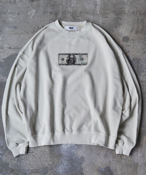 PUBLUX(パブリュクス)の「PUBLUX/パブリュクス ANTE 別注 Fake Money プリント裏毛スウェット【限定展開】(スウェット・メンズ・オフホワイト/スミクロ・SMALL/MEDIUM/LARGE)」の1枚目の写真