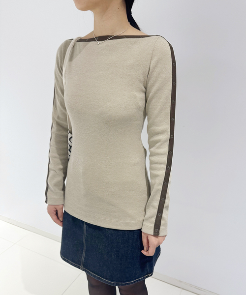 EDIT. FOR LULU(エディットフォールル)の「ラインホック リブトップス(Tシャツ/カットソー・レディース・ベージュ/チャコールグレー・FREE)」の6枚目の写真