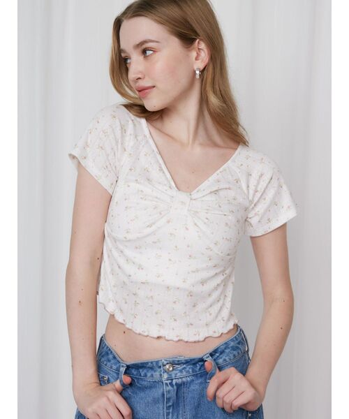 CALNAMUR（カルナムール）の「PETIT FLOWER RIBBON TSHIRTS/小花柄リボンTシャツ（Tシャツ/カットソー・レディース・ライトブルー/ピンク・FREE）」の5枚目の写真