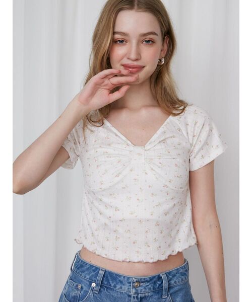 CALNAMUR（カルナムール）の「PETIT FLOWER RIBBON TSHIRTS/小花柄リボンTシャツ（Tシャツ/カットソー・レディース・ライトブルー/ピンク・FREE）」の6枚目の写真