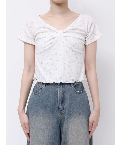 CALNAMUR（カルナムール）の「PETIT FLOWER RIBBON TSHIRTS/小花柄リボンTシャツ（Tシャツ/カットソー・レディース・ライトブルー/ピンク・FREE）」の7枚目の写真