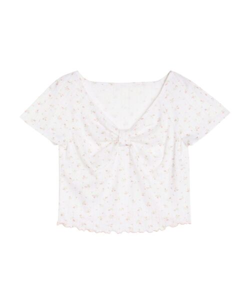 CALNAMUR（カルナムール）の「PETIT FLOWER RIBBON TSHIRTS/小花柄リボンTシャツ（Tシャツ/カットソー・レディース・ライトブルー/ピンク・FREE）」の2枚目の写真