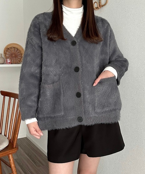 NOTREemor ノートルエモワ シャギーニットカーディガン　グレー　ブラウン femme volume cardigan – NOTRE émor